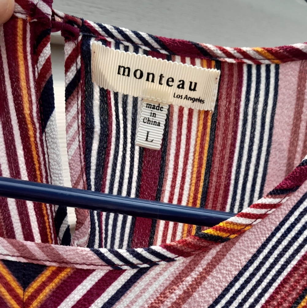 Monteau Los Angelas Ruffled Stripped Sleeveless Tie Front   Large  Blouse - Picture 3 of 4